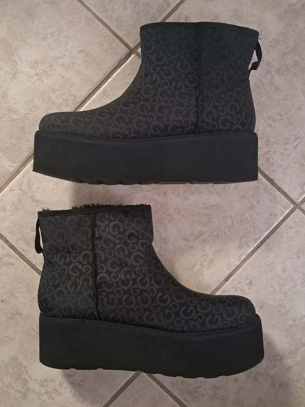 G by Guess Black Platform Ankle Boots with Tonal Logo Pattern